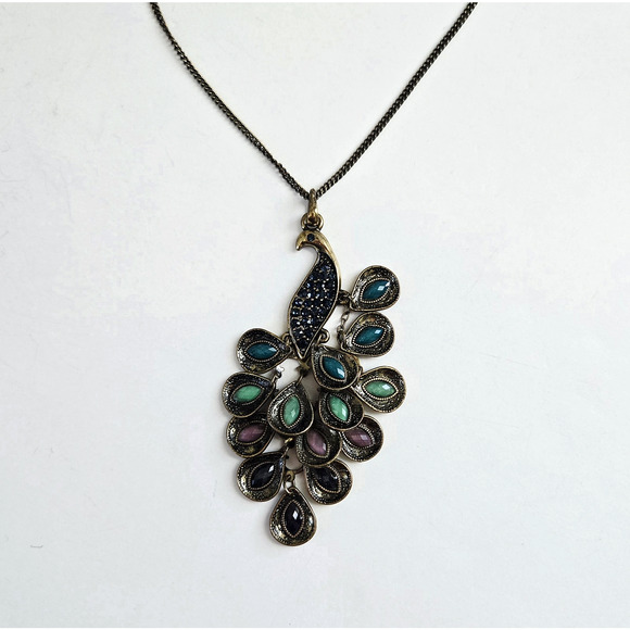 Peacock Chandelier Pendant Necklace Colorful Stones Boho Festival Cocktail Retro - Picture 4 of 12